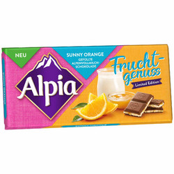 Продуктови Категории Шоколади Alpia Алпийски млечен шоколад с пълнеж от портокал върху хрупкава сметана 100 гр